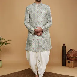 KISAH Self-Design Mandarin Collar Kurta Sherwani Dhoti Set-image-18
