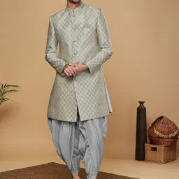 KISAH Self-Design Mandarin Collar Kurta Sherwani Dhoti Set-picture-24