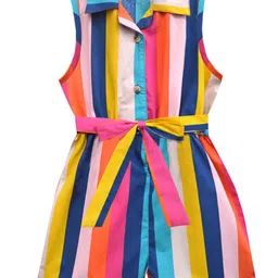A T U N Girls Blue & Pink Striped Pure Cotton Playsuit-image-81