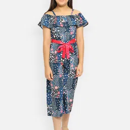 Natilene Girls Blue & Red Off-Shoulder Printed Capri Jumpsuit-picture-24