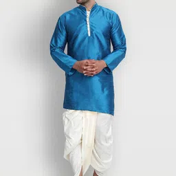 Enciger Men Turquoise Blue Dupion Silk Kurta with Dhoti Pants-image-60
