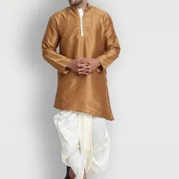 Enciger Men Brown Solid Asymmetric Kurta with Pyjama-image-57