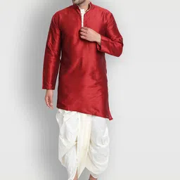 Enciger Men Red Dupion Silk Kurta with Dhoti Pants-picture-17