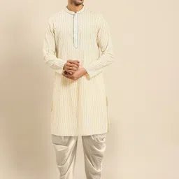 Amodh by Kisah Men Cream-Coloured Ethnic Motifs Striped Kurta with Dhoti Pants-image-56