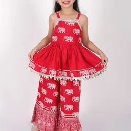 LIL DRAMA Girls Ethnic Motifs Printed Shoulder Straps A-Line Pleated Gotta Patti Kurta Set-image-41