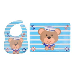 Yellow Bee Kids Set Of 2 Blue & White Bear Print Feeding Bib With Mat-22