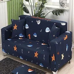 HOUSE OF QUIRK Blue & Orange Abstract Double Seater Elasticated Sofa Cover With Arms-3