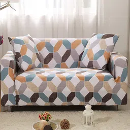 HOUSE OF QUIRK White & Blue Geometric Single Seater Elasticated Sofa Cover With Arms-image-49