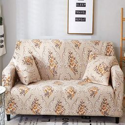 HOUSE OF QUIRK Beige & White Floral Printed Triple Seater Elasticated Sofa Cover With Arms-image-6
