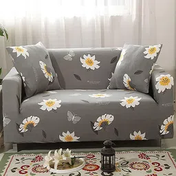 HOUSE OF QUIRK Grey & White Floral Printed Triple Seater Elasticated Sofa Cover With Arms-image-41