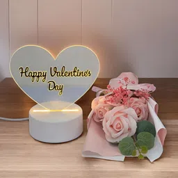 Art Street Pink & White Valentine Shape LED Table Lamp With 3 Pink Roses-56