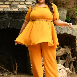 PrettyPlus by Desinoor.com Plus Size Embroidered Georgette Empire Beads Kurta & Palazzos image 1