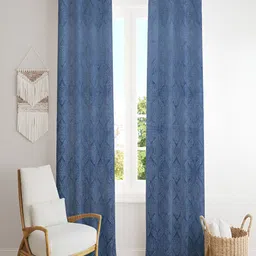 Aura Blue Velvet Embossed Blue 2 Pieces Floral Printed Room Darkening Door Curtains-14