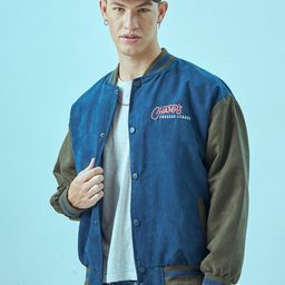 Bewakoof Blue Typography Printed Suede Oversized Bomber Jacket-picture-22