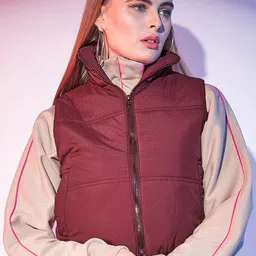 STREET 9 Maroon Stand Collar Lightweight Sleeveless Crop Puffer Jacket-image-95