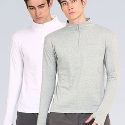 appulse Men Grey & White Pack Of 2 High Neck Slim Fit Cotton One-Fourth Zipper & Thumbopen T-shirt-image-91