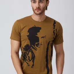 YAK Men Tan Brown  Black Printed Slim Fit Pure Cotton T-shirt-image-74