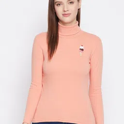 Hypernation Women Peach-Coloured High Neck Slim Fit T-shirt-7