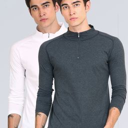 appulse Men White & Grey Pack of 2 High Neck Slim Fit Cotton One-Fourth Zipper T-shirt-image-94