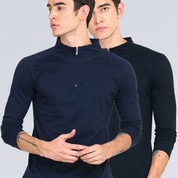 appulse Men Navy Blue & Green Pack Of 2 High Neck Slim Fit Cotton One-Fourth Zipper T-shirt-image-44
