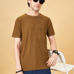 People Brown Self Design Slim Fit Pure Cotton T-shirt-image-62