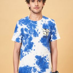 People White & Blue Tie & Dye Pure Cotton Slim Fit T-shirt-image-64