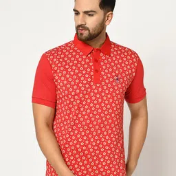 Duke Men Red & Beige Printed Polo Collar Slim Fit Cotton T-shirt-15