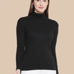 Hypernation Women High Neck Applique Slim Fit T-shirt-image-80