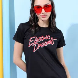 Tokyo Talkies Women Black Typography Printed Slim Fit T-shirt-image-49
