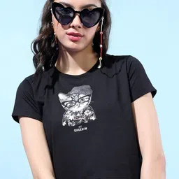 Tokyo Talkies Women Black Typography Printed Slim Fit T-shirt-image-48