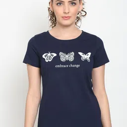 UnaOne Women Blue Printed Cotton Slim Fit T-shirt-image-39