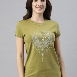 Enamor Women Olive Green Printed Slim Fit Cotton T-shirt-image-49