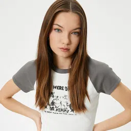 Koton Typography Printed Round Neck Slim Fit Crop T-shirt-image-54