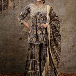 mokshi Women Ethnic Motifs Embroidered Regular Pure Cotton Kurta with Sharara & With Dupatta-image-48