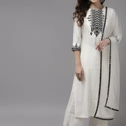 Indo Era Women White Yoke Design Regular Kurta with Palazzos & With Dupatta-4