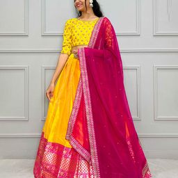 Fabcartz Yellow Semi-Stitched Lehenga & Unstitched Blouse With Dupatta-image-2