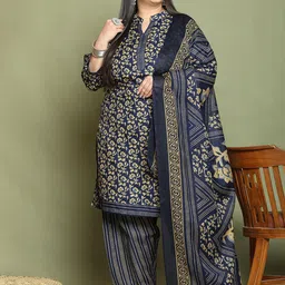 Rajnandini Plus Size Mandarin Collar Floral Printed Straight Kurta with Salwar & Dupatta-4
