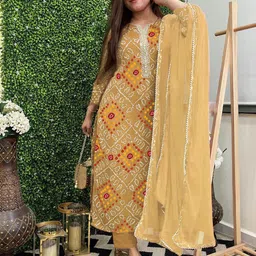 KALINI Notch Neck Bandhani Printed Mirror Work Straight Kurta with Trouser & Dupatta-picture-36