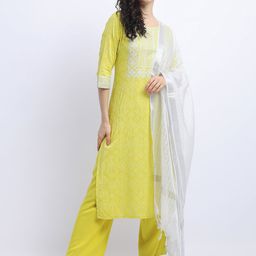 Vishudh Women Yellow Printed Panelled Kurta with Trousers & With Dupatta-picture-5