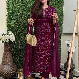 GoSriKi Bandhani Printed Straight Kurta With Trouser & Dupatta-37