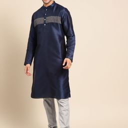 KISAH Men Navy Blue & Grey Woven design Detail Kurta with Churidar-11