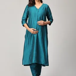 The Mom Store Thread Work Raw Silk V-Neck Maternity and Nursing A-Line Kurta With Trousers-image-17