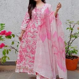 Subh LAXMI Floral Printed Mirror Work Kurta & Trousers With Dupatta-picture-47