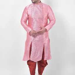 DEYANN PLUS Men Peach-Coloured & Rust Printed Dupion Silk Kurta with Patiala-20