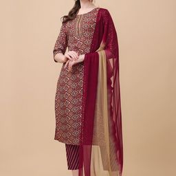 Berrylicious Women Maroon Ethnic Motifs Printed Pure Cotton Kurta with Trousers & Dupatta-picture-56