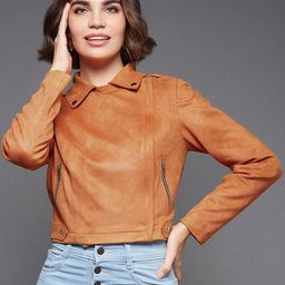 Miss Chase Women Orange Camouflage Crop Biker Jacket-picture-25