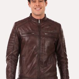 Leather Retail Men Coffee Brown Leather Outdoor Biker Jacket-picture-16