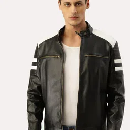 Leather Retail Men Black Solid Outdoor Biker Jacket-51