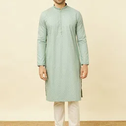 Manyavar Ethnic Motifs Printed Mandarin Collar Thread Work Pure Cotton Kurta & Pyjamas-image-69