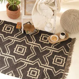 Peepul Tree Black & Beige Geometric Handmade Woollen Carpet-50